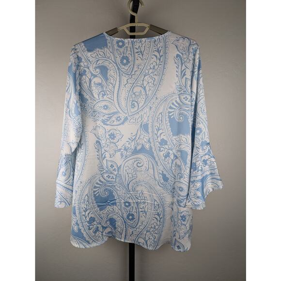 Susan Graver Tunic Top Blue Paisley Print Blouse Bell Sleeves Silky Satin - Picture 2 of 6